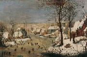 Winter landscape with ice skaters and a bird trap.